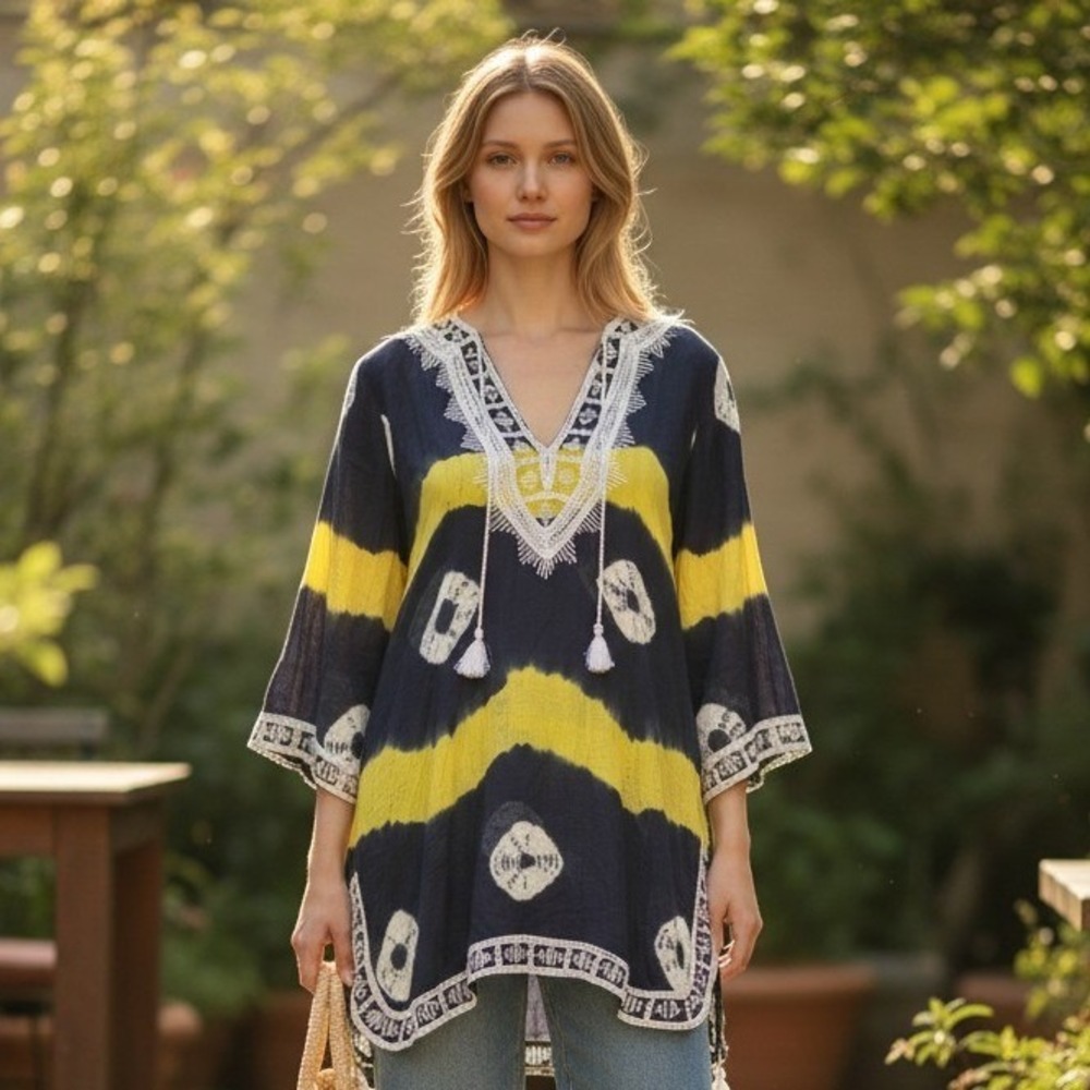 Taj Tunic Coverup Med Lime Cotton Tie Dye Sequin Beaded Boho Kaftan Resortwear